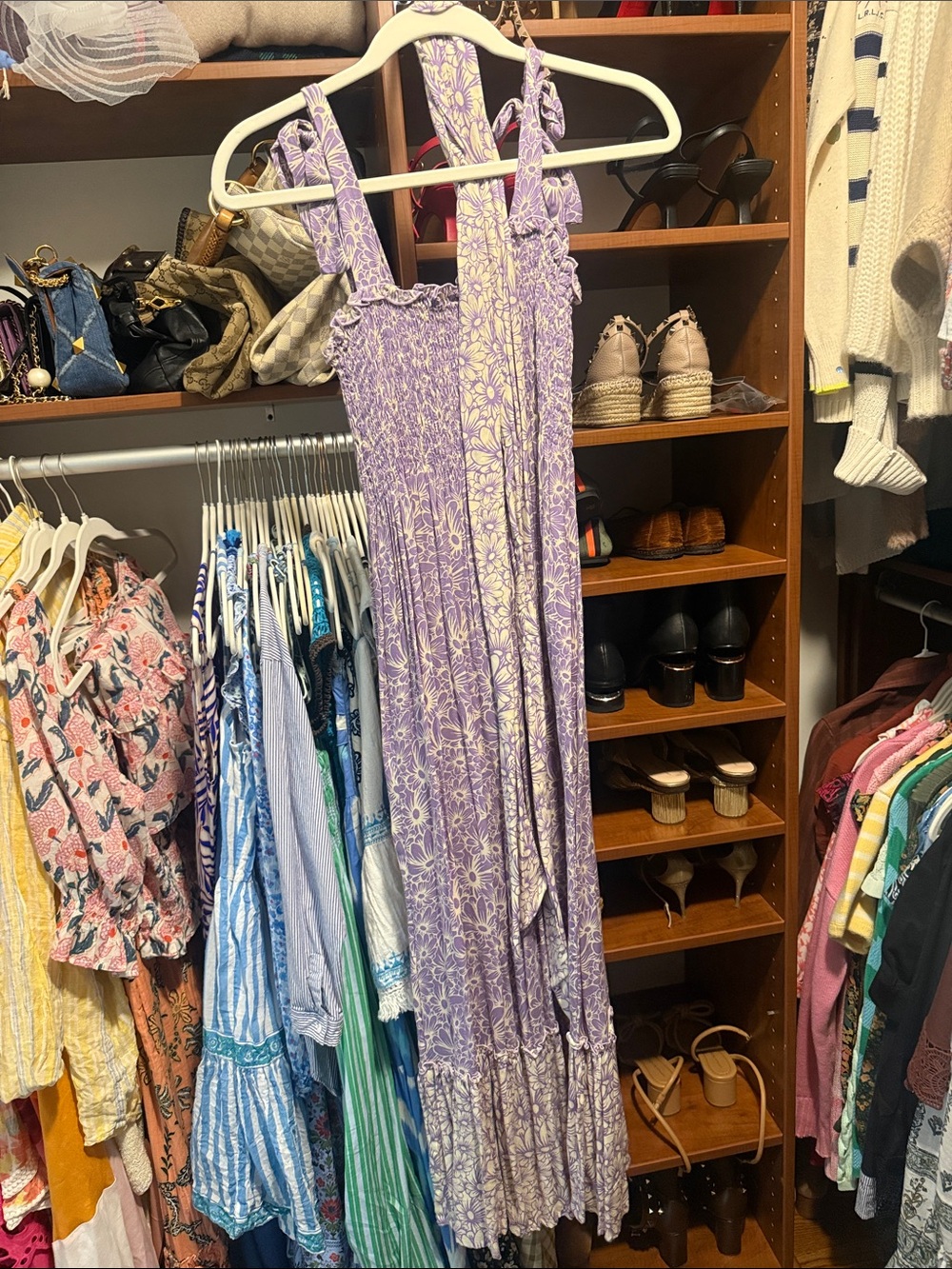 Smocked Lavender Floral Maxi Dress with Tie Straps